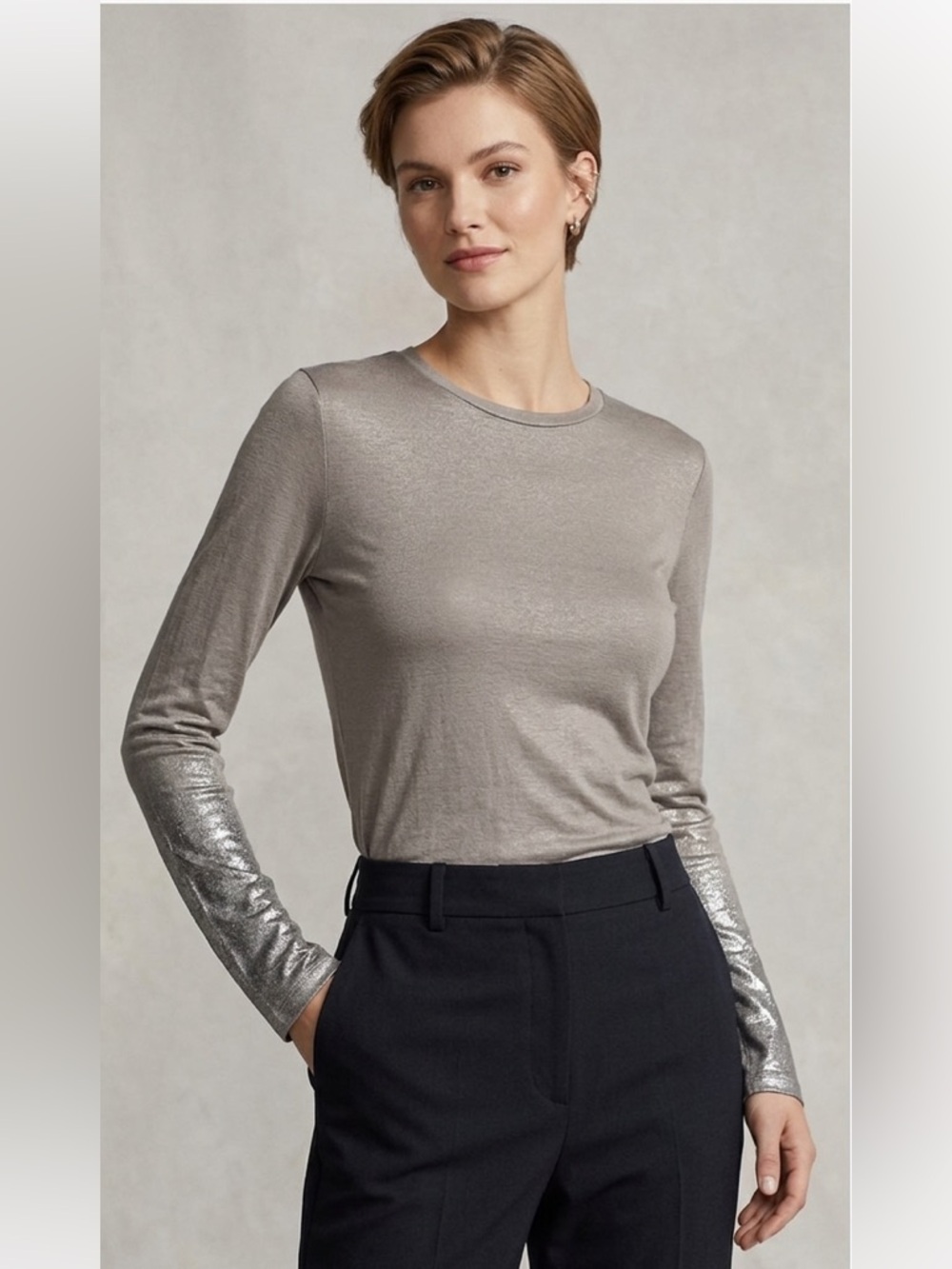 Vince Pima Cotton Modal Metallic Cuffs Long Sleeve Screw Neck Sz M Tan Color